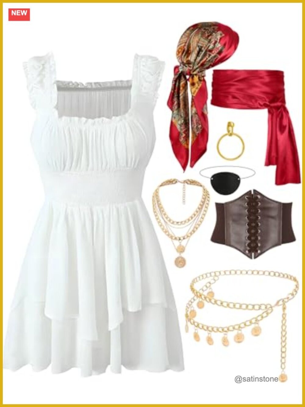 8Pc Pirate Costume Set Peasant Dress Corset Belt Sash Women Halloween